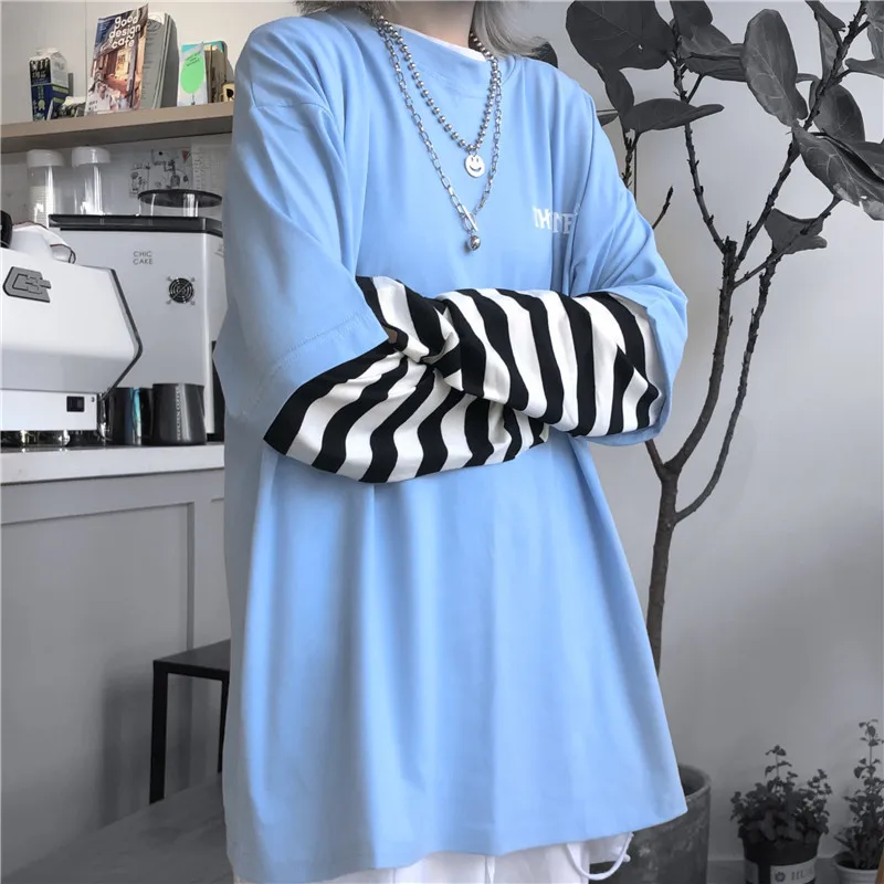 Lychee Harajuku повседневные Поддельные 2 шт. женские пуловеры в полоску Лоскутная Женская толстовка с вырезом лодочкой осенние дамские свитшоты Топы