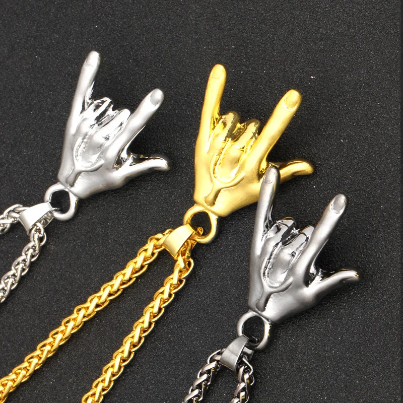 I Love You Gesture Hand Sign Pendant Chain Necklace Women Men Hip Hop Jewelry Alloy Gold Long Chain Statement Pendant Jewelry