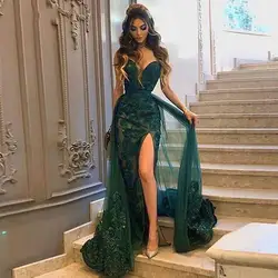 2021 New Design Cheap Sexy Deep Sweetheart Long Green Lace Prom Dresses Evening Gowns With High Slit