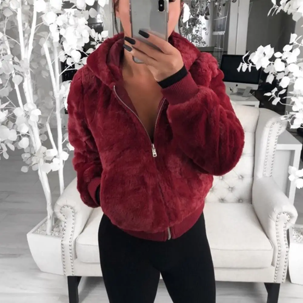 puffer coat with hood 2021 New Faux Fur Women Coat With Hood High Waist Fashion Slim Black Red  Faux Fur Jacket Fake Rabbit Fur Coats north face parka