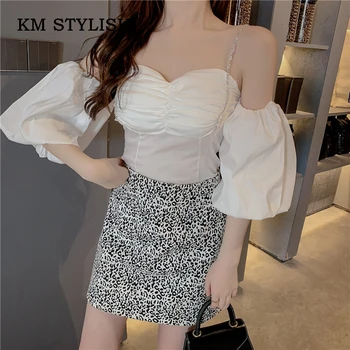 

White Shirt For Women Lantern-Sleeve Slash-neck Strapless Shirts & Blouses Sexy Off-shoulder Casual Draped Top