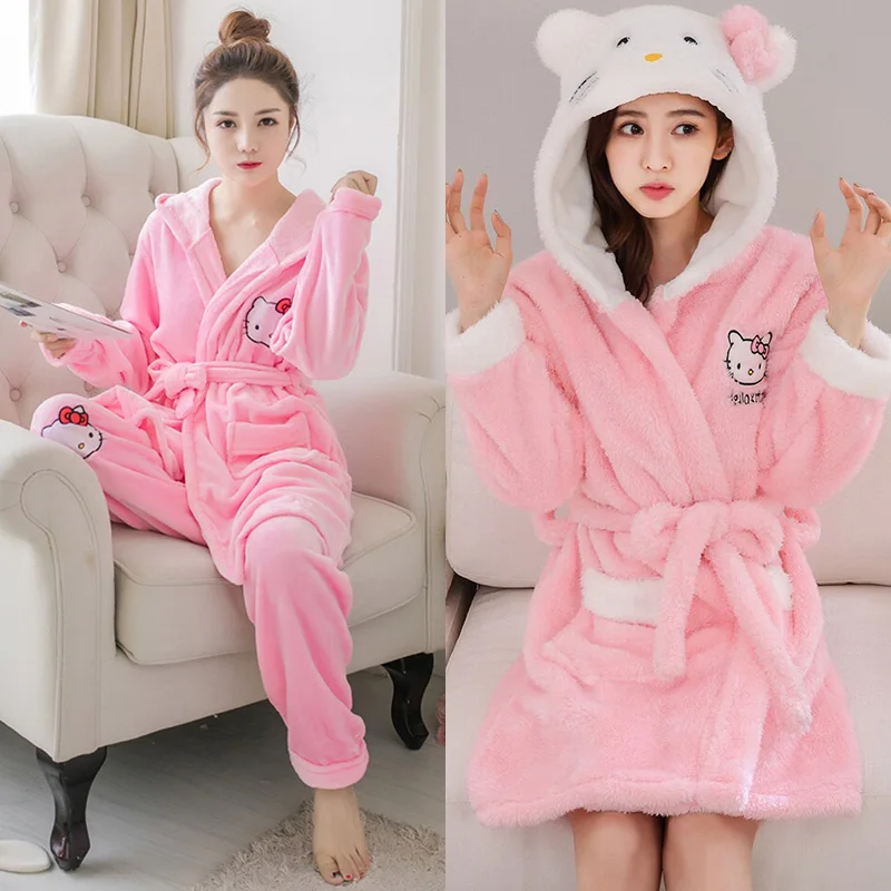 Женская фланелевая ночная рубашка Hello Kitty с длинным рукавом банный халат штаны