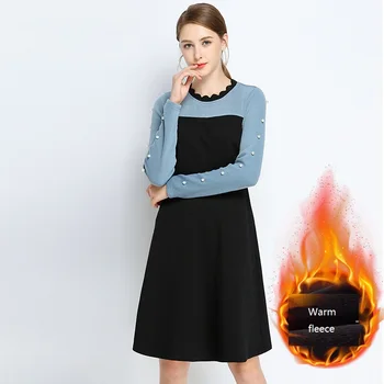 

Winter Fashion Ladies elegant beaded dress lace collar contrast color slim dress warm fleece Party dress vestidos plus size 5xl