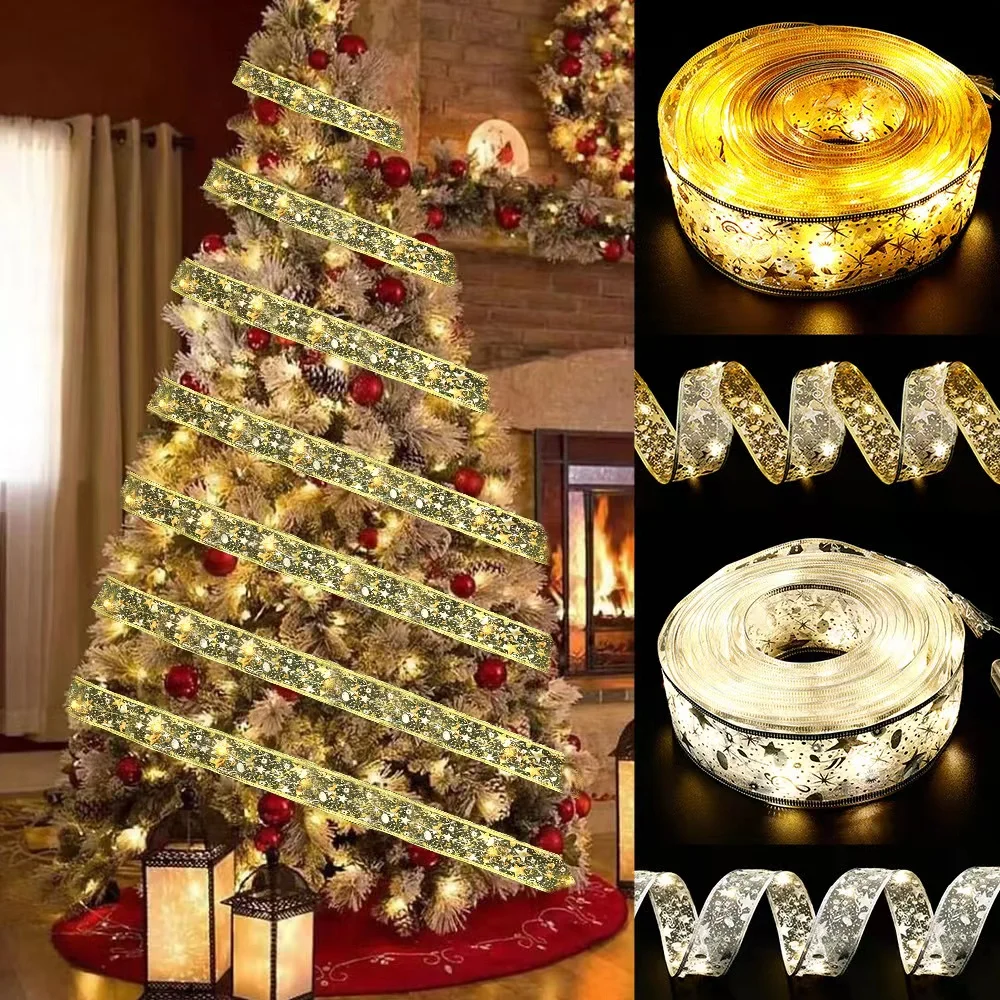 Christmas Ribbon with Lights Christmas Tree Accessories Battery Operated Indoor String Lights Decoration for New Year christmas tree decoration christmas lamp decoration