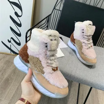 

Winter Wool Casual Shoes for Women Thick Bottom Warm-keeping Sneakers High Top Turned-over Edge Luxury Fashion Brand Designer