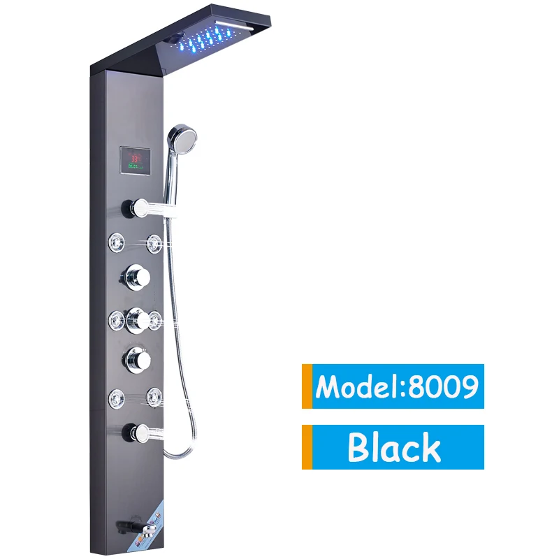Black 8009 Матовый никель, душевая панель для ванной комнаты, светодиодный кран с водопадом, многофункциональный башенный душевой кран с обратной струей, смеситель - Цвет: Black 8009
