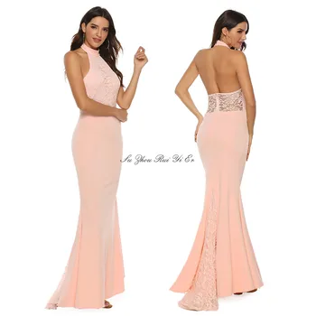 

Lace Mermaid Evening Dress 2020 Pink Formal Long Dress Halter Elegant Gowns Zipper Up Back Vestidos De Fiesta De Noche