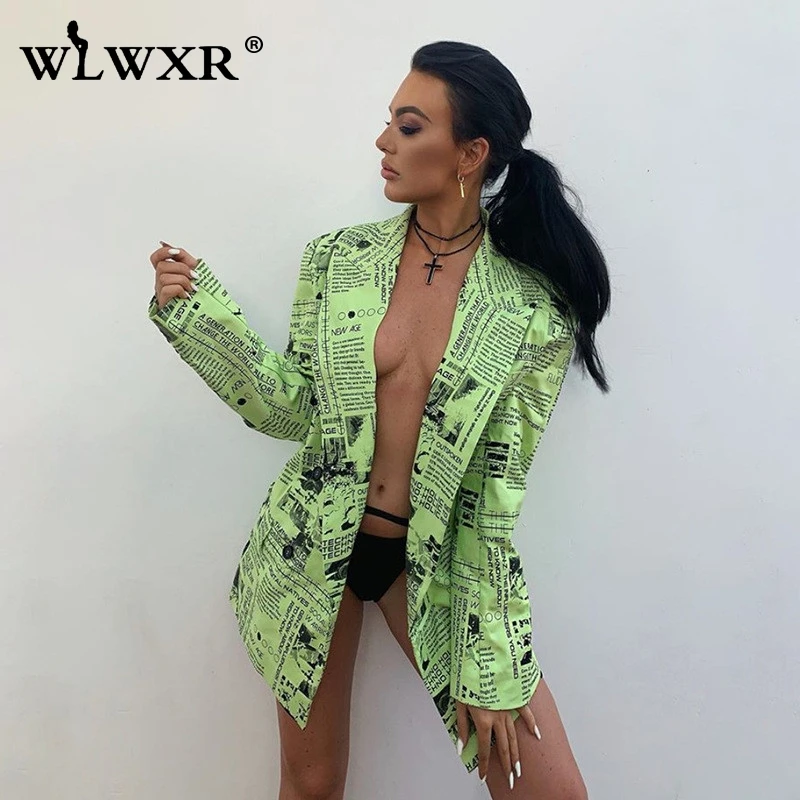 

WLWXR Office Lady Sexy Women Blazers and Jackets Newspaper Print Green Long Sleeve Ladies Blazer Female Autumn Oversized Blazer