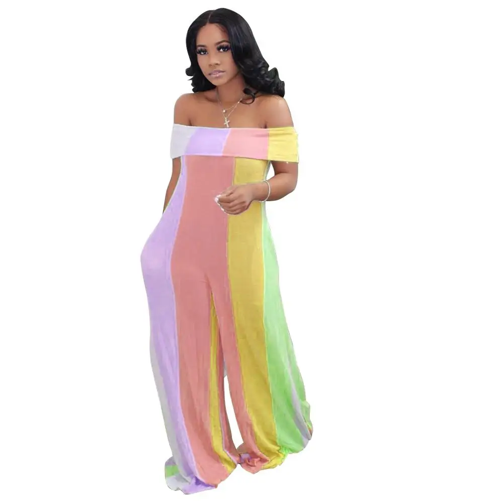 

Women Sexy Off The Shoulder Color Striped Print Plus Size Jumpsuit With Pockets S-XXL 3XL 4XL