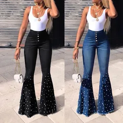 Calças de cintura alta feminino flare jeans botão borla calças bell bottom bell inferior flare jeans pantalones vaqueros mujer