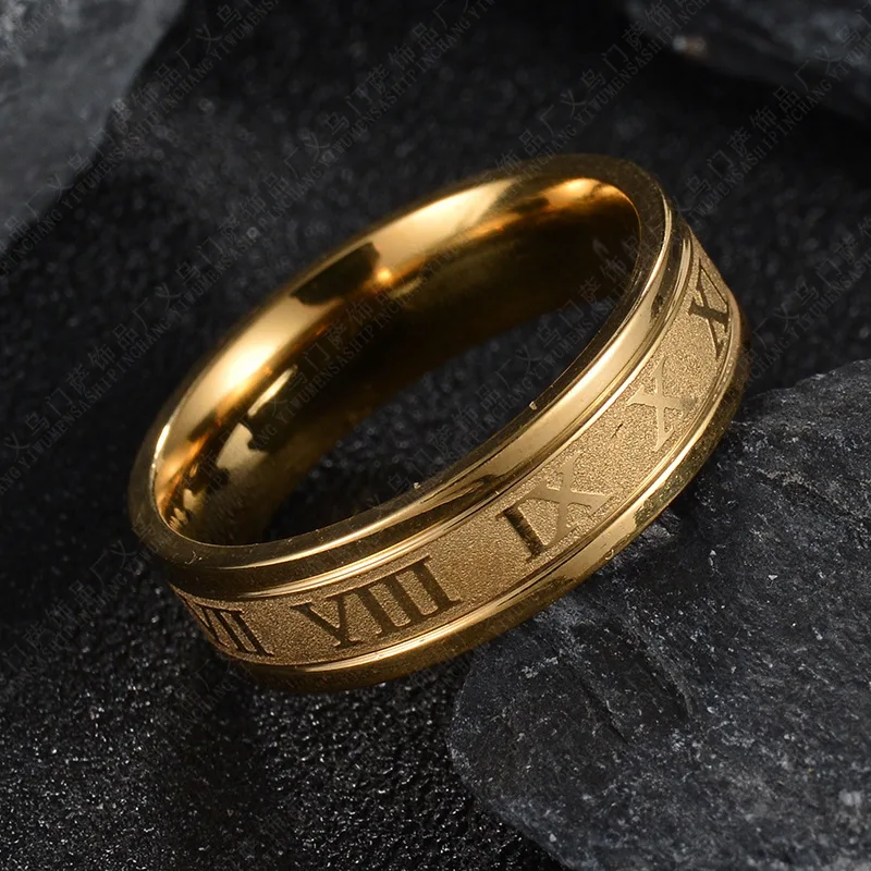 6 мм римские цифры золотого цвета черные мужские и женские кольца 316L из нержавеющей стали пара колец Прямая