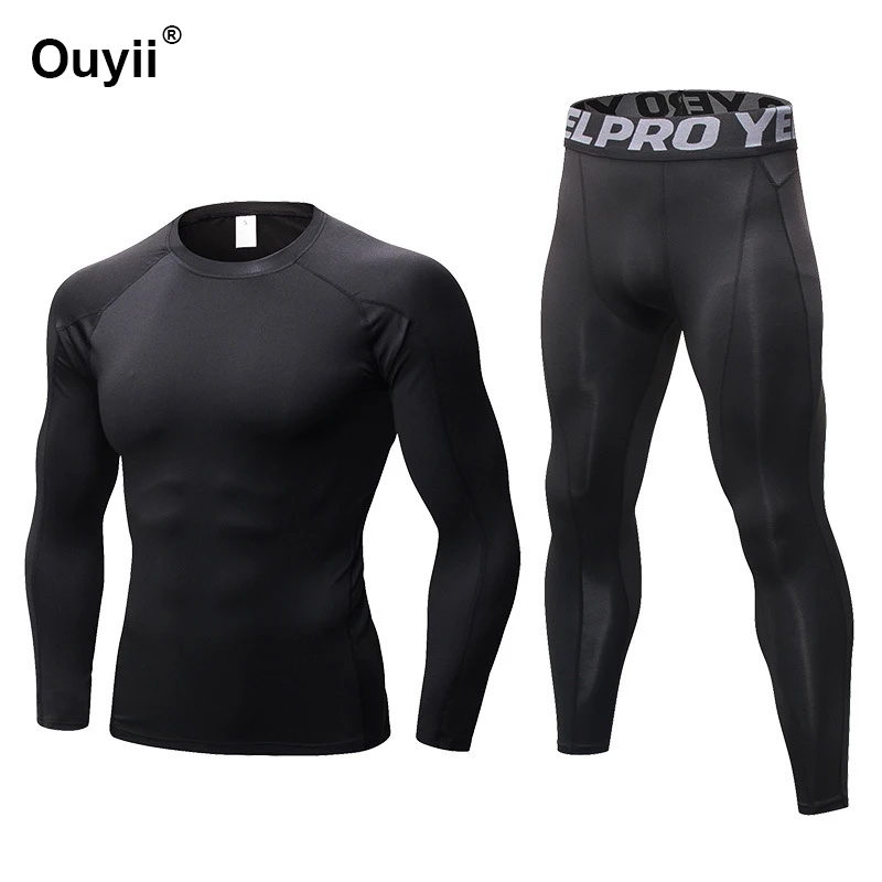 Новая спортивная мужская спортивная одежда дышащий спортивный компрессионный Быстросохнущий костюм Леггинсы для бега фитнес набор Леггинсы Брюки - Цвет: Black Suit