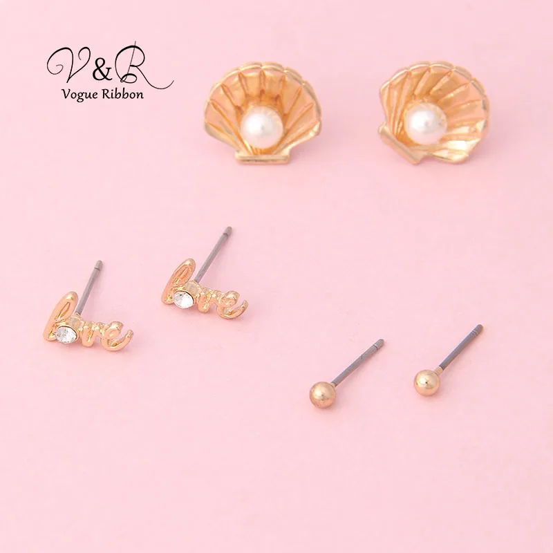 3 pairs a set stud earring, imitation gold plated, 1 pair gold color ball stud, 1 pair love letter with rhinestone, 1 pair metal (1)