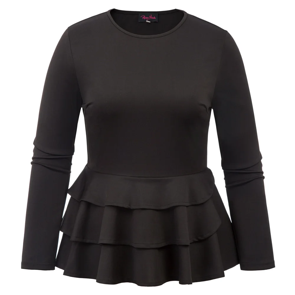 

HN Women's Tops Plus Size autumn Ruffled Hem Peplum Long Sleeve Crew Neck solid black white high quality fashion tops