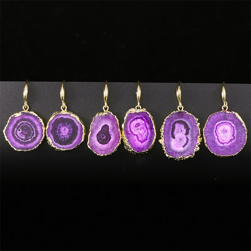 Irregular Druzy Quartz Stone Sunflower Drop EarRing for Women Dyed Color Reiki Healing Jewelry Purple