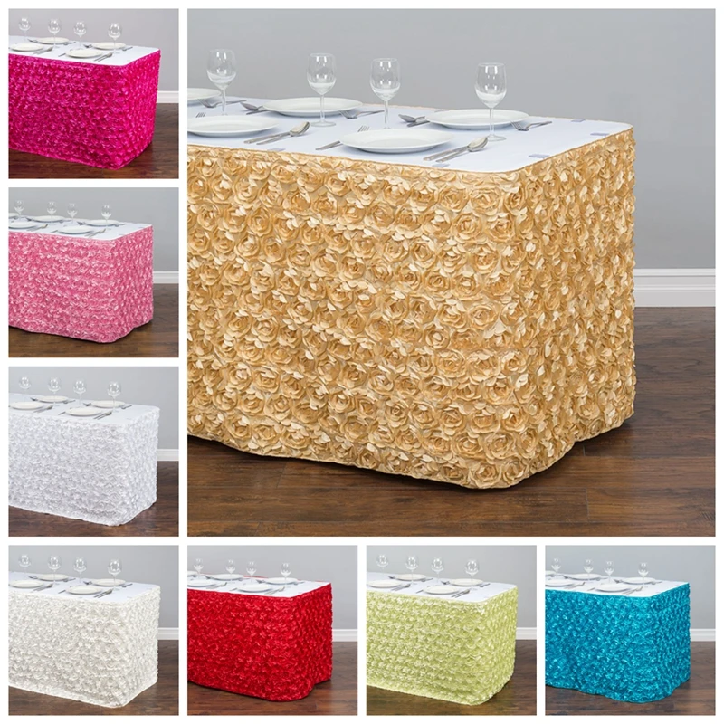 Rosette Satin Table Skirt Rectangle Tablecloth Skirting For Wedding Banquet Event Christmas