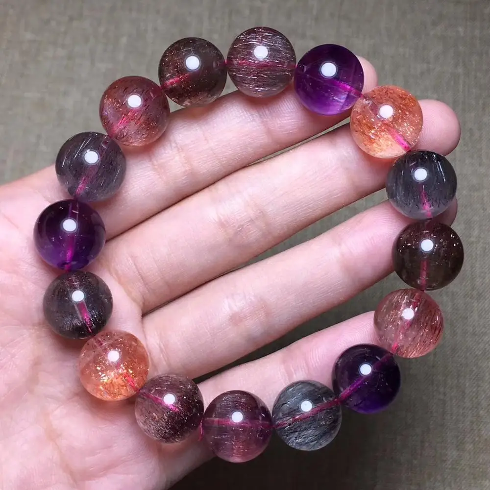 

Genuine Natural Lepidocrocite Quartz Bracelet 13mm Colroful Super Seven Stone Round Beads Stretch Crystal AAAAAA Certificate