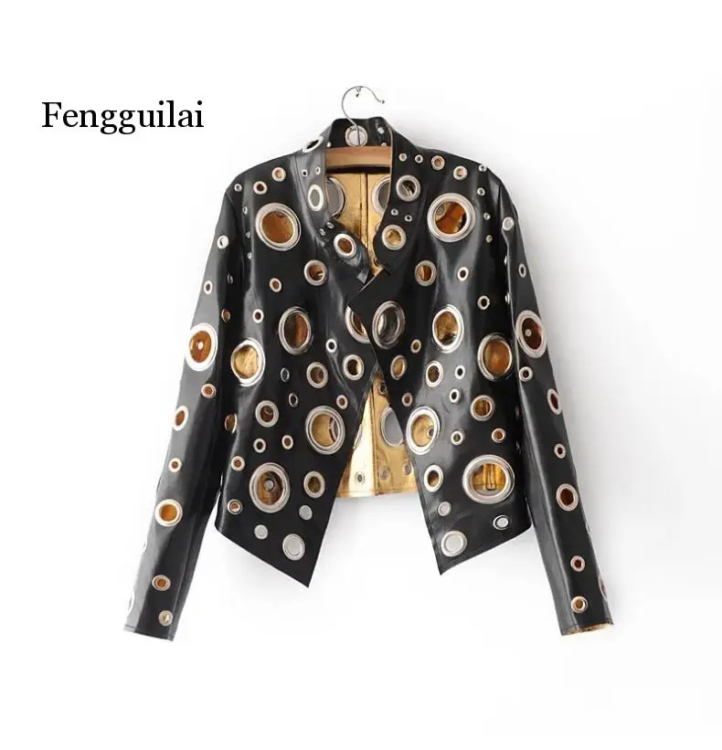 

Autumn New Ladies Hollow Metal Color Motorcycle Leather Jacket Punk-style Ladies PU Leather Coat