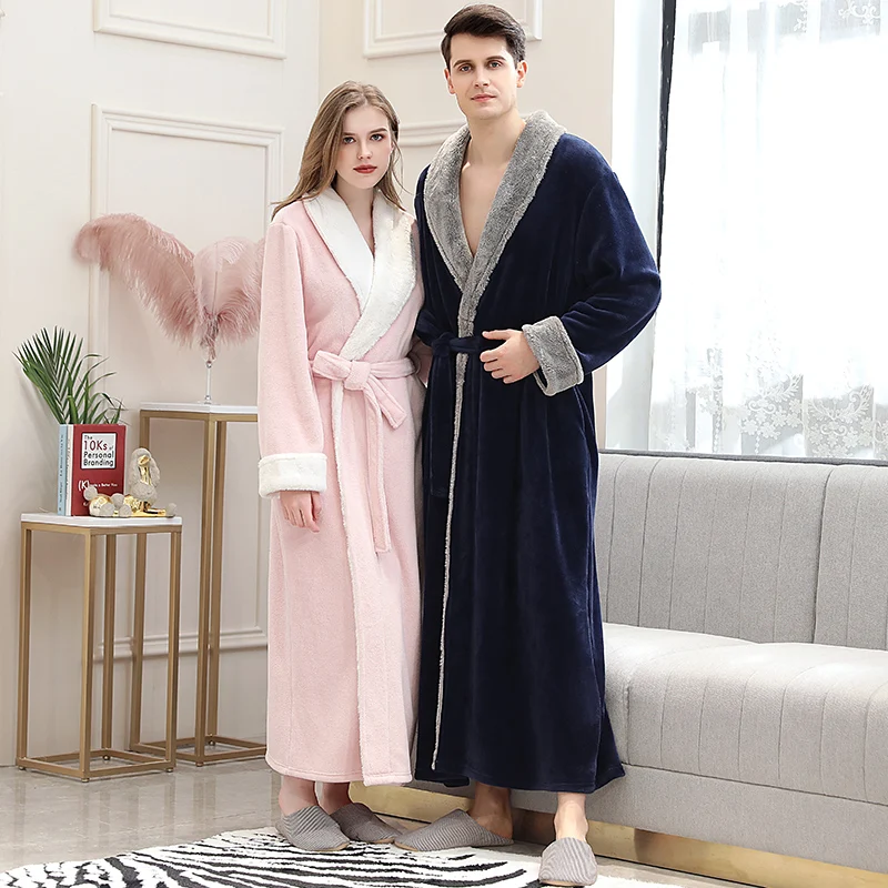 Женский зимний очень длинный теплый фланелевый Халат больших размеров для влюбленных, розовый банный халат для невесты, мягкий ночной халат, Мужская одежда для сна
