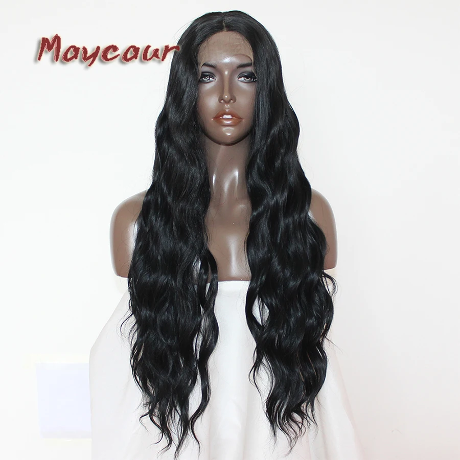 

Maycaur Hair Middle Part #1B Water Wavy Wigs Natural Hairline Glueless Heat Resistant Synthetic Lace Front Wigs For Black Women