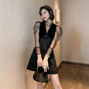 

Fashion Sexy Dress Women's Stand-up Collar See-through Mesh Sexy Stitching Ladies Dresses Spring and Autumn Dress Female NS1807