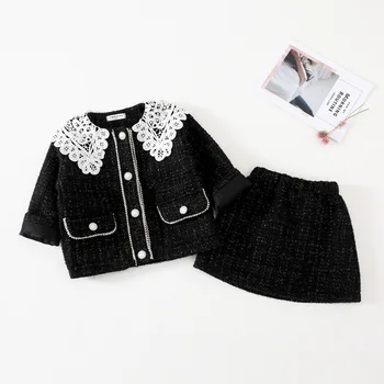 

Autumn and Winter Girls' Suit New Fashion Retro Lace Collar Graceful Coat + Skirt Teenage Girls Two Piece Skirt Set