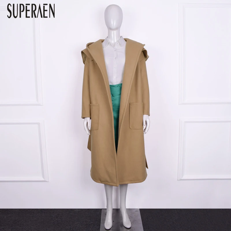 SuperAen, хаки, шерстяное пальто для женщин, сплошной цвет, дикая зима, новинка, Женское шерстяное пальто, модная повседневная женская одежда