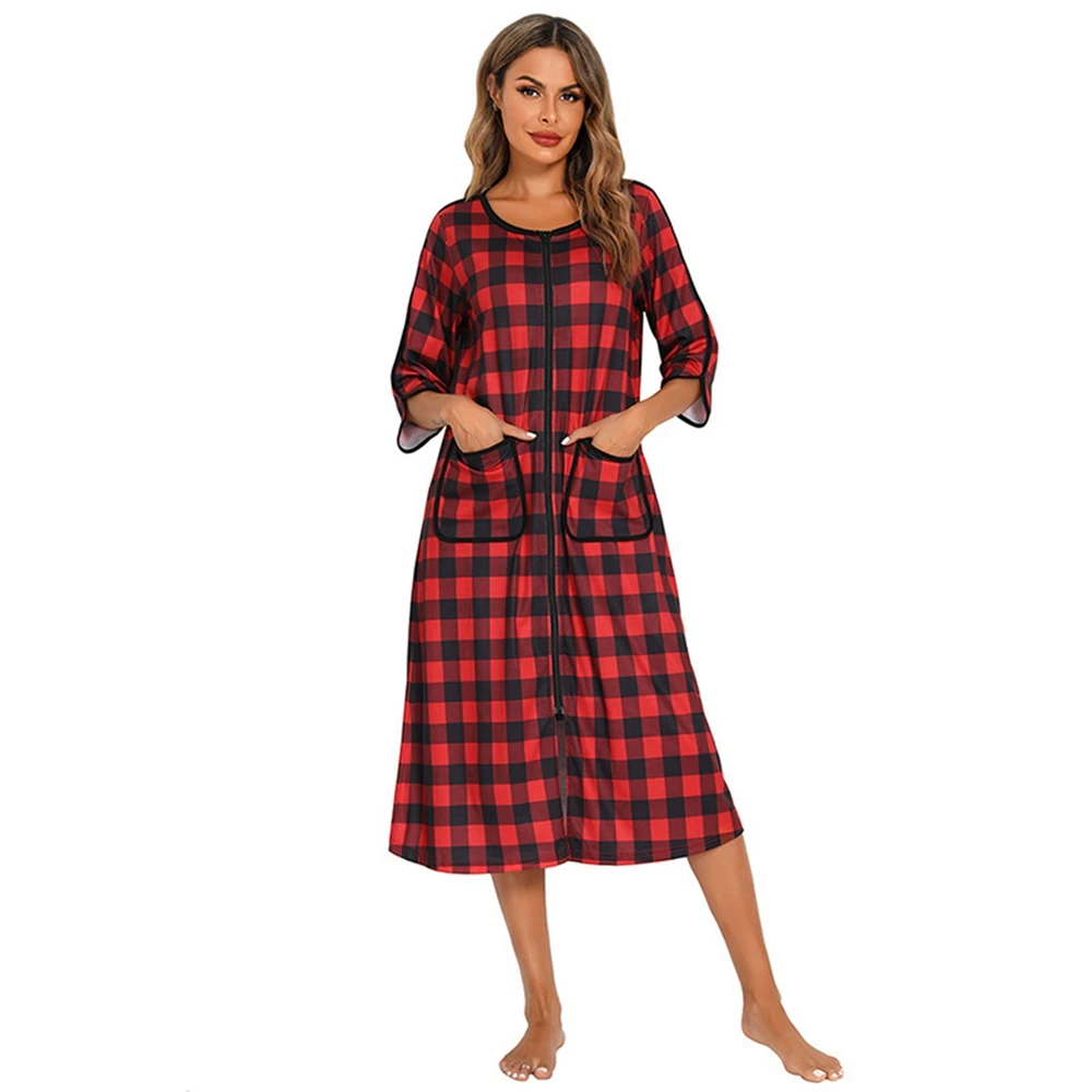 Women Autumn Plaid Zipper Front Robes Long Sleepwear Soft Nightgown Warm Loungewear Maternity Bathrobe Pajamas
