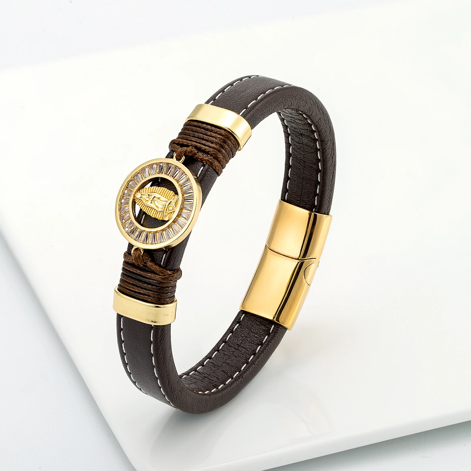 Fashion Match Micro Inlaid Zircon Virgin Goddess Charm Leather Bracelet Unisex Design Stainless Steel Bracelet bracelet jewelry