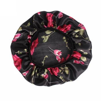 

Wide-Brimmed Printed Double-Layer Waterproof Shower Cap Satin Sleep Hat Hair Cap Hat Silk Hood Loose Band Black