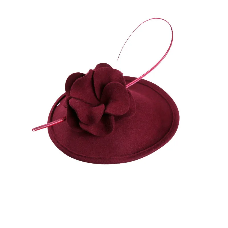 Wine Red Британская Дамская винтажная шерстяная фетровая повязка для волос страусиное украшение с перьями шляпа Коктейльная церковная Свадебная женский шерстяной головной убор с цветами - Цвет: Wine Red