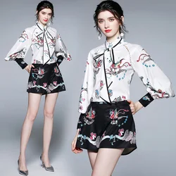 Traje informal de 2 piezas para mujer, conjunto corto de verano, cintura elástica completa, cuello redondo, blusa elegante con lazo, talla grande