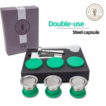 Cápsulas de café de acero inoxidable reutilizables, rellenables, compatibles con máquinas Nespresso, 3 cápsulas + 120 sellos