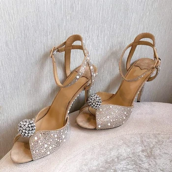 

Ins Fashion Women's Sandals Crystal High Quality Women's Shoes Round Toe Thin Heels Sandals Dress Party Real Leather Shoes 35-41