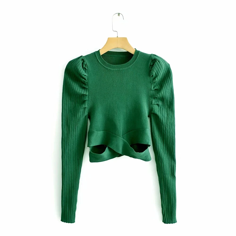 

Fashion Women Puff Sleeve Knitting Short Sweater 2019 Autumn Leisure Lady Green Pullover Loose Tops SW686