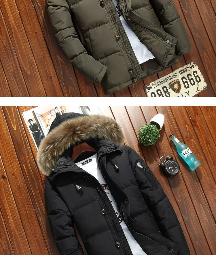 Winter Men Thick Hooded Down Jacket Casual Mens Solid Color White Duck Down Coat With Fur Collar Male Warm Zipper Outwear Top