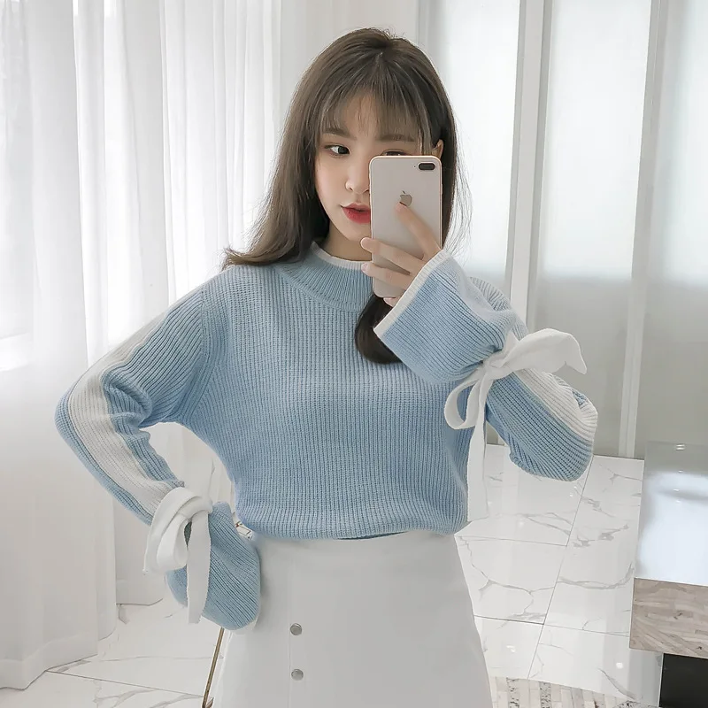 

2019 Autumn And Winter New Style Students Sweet Versatile Flounced Sleeves Lace-up Bow Base Shirt Knitted Sweater