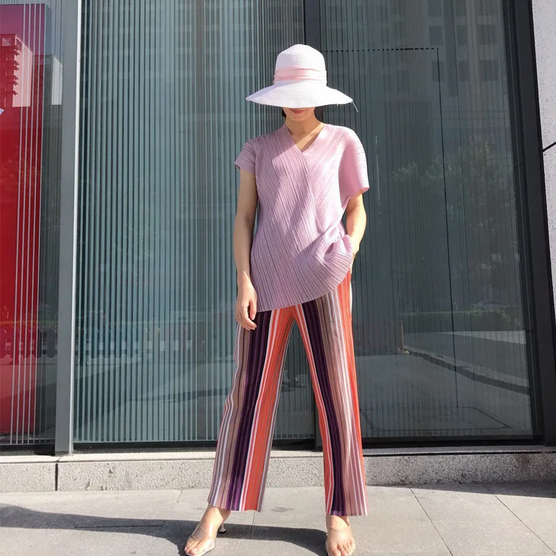 Miyake плиссированные Женские полосатые брюки высококачественные модные прямые повседневные брюки плюс размер комплект пуловер+ кожаная юбка брюки до щиколотки