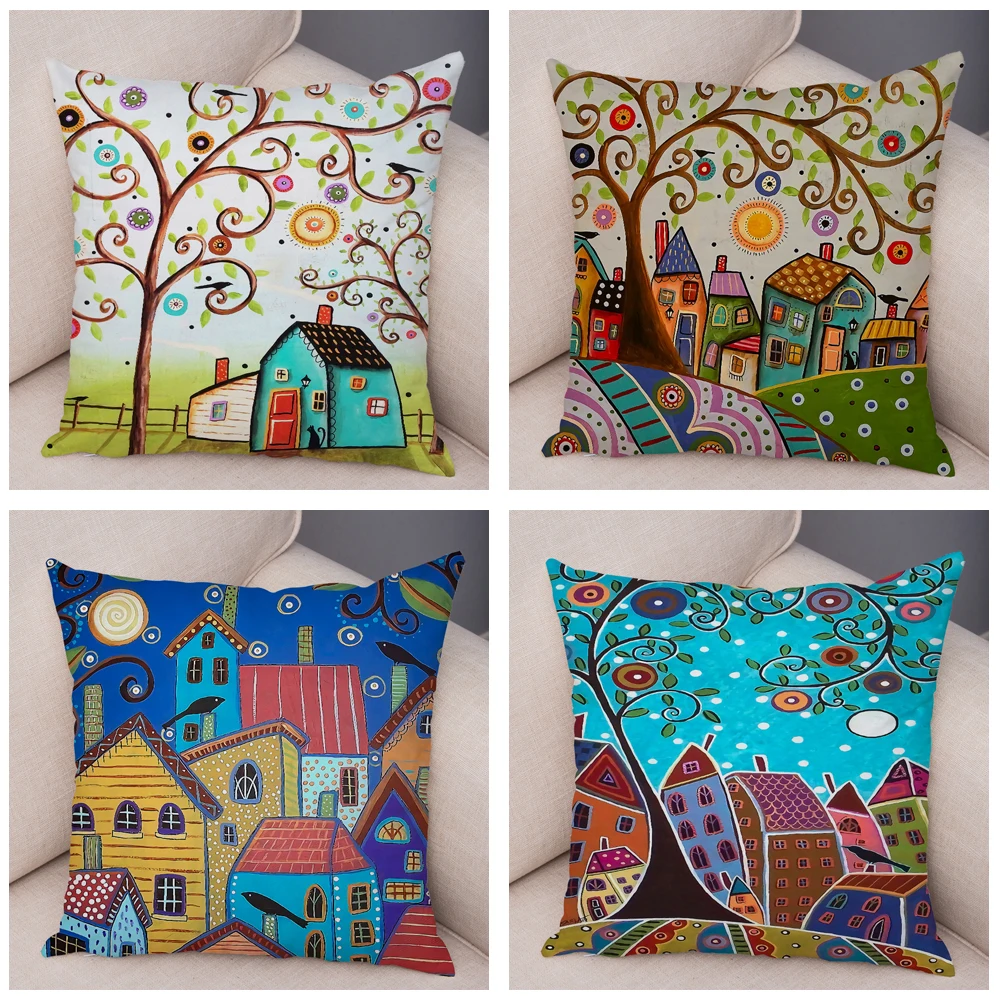 Throw Pillow Cover Cushion Cover Pillow Case Retro Rural Cities Cartoon House Tree Plush For Sofa Home Car Decor