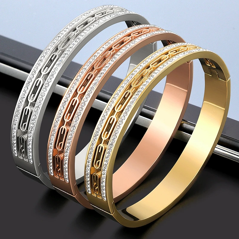 Trend Wedding Party Charm Bracelet Jewelry Pulsera Vintage Stainless Steel Square Open Cuff Crystal Zircon Bangles for Men Women bangle bracelet zirconia bangle