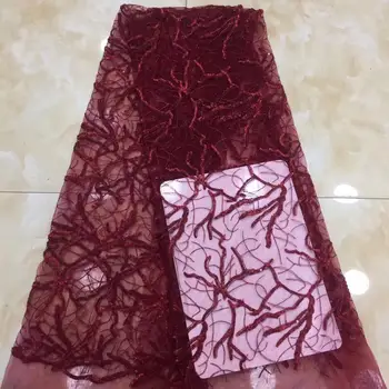 

New Designs African Lace Fabric Wine High Quality Lace Material French Embroidered Tulle Lace Fabric With Sequins