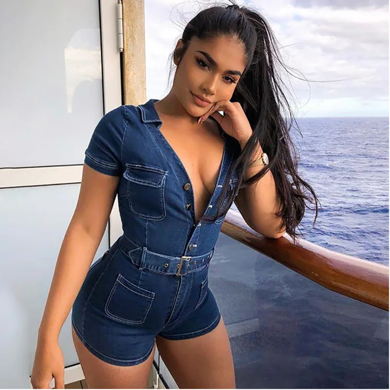 

NATTEMIAD Sexy Denim Rompers Womens Jumpsuit Fashion Streetwear Playsuit Button Pocket Sashes Jumpsuit Clothes 2019 Overalls