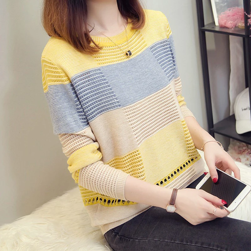 Early Autumn Women Dress Korean Casual Style Mixed Colors Loose Fit Stripe Long Sleeve Base Shirt Sweater Pullove New Style Early Autumn Women Dress Korean Casual Style Mixed Colors Loose Fit Stripe Long Sleeve Base Shirt Sweater Pullove New Style