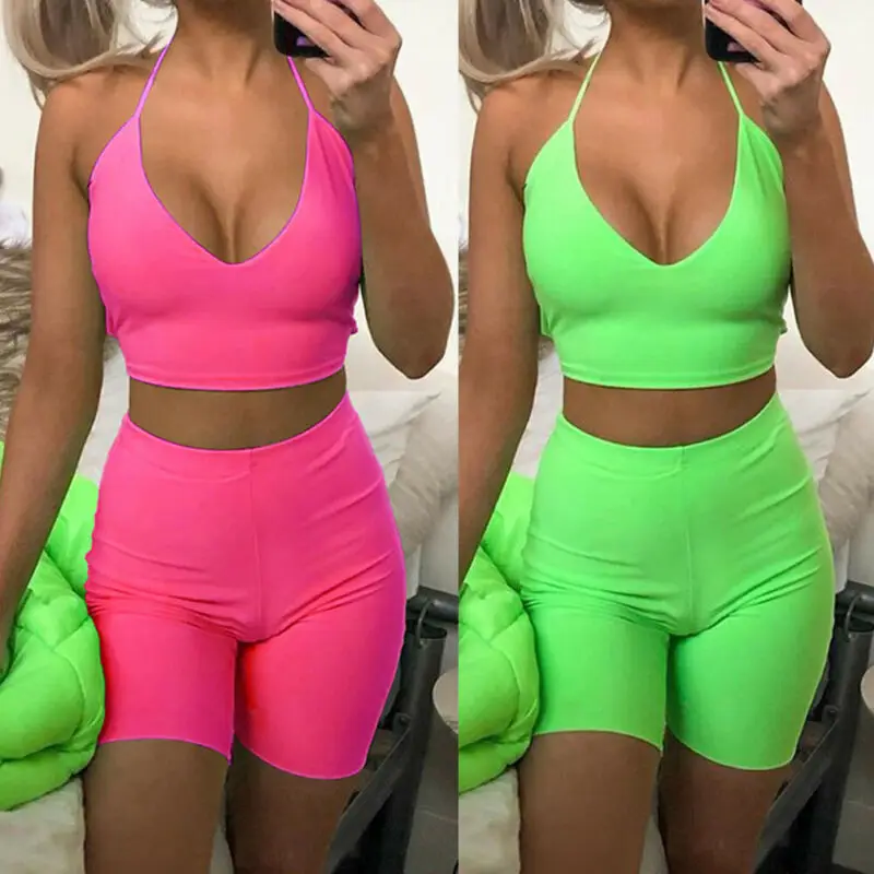

Summer Fashion Women 2Pcs Set Solid Slim Bodycon Sleeveless Lace-up Crop Top + Cycling Shorts Beach Holiday Sports Wear