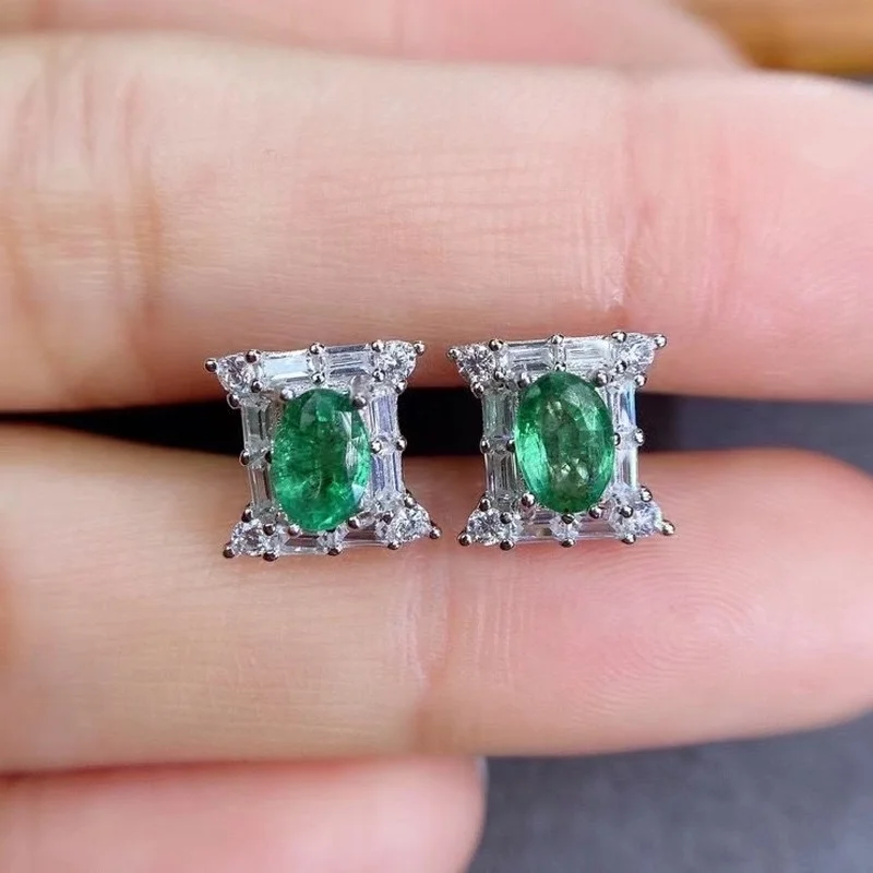

925 Sterling Silver Earrings for Women with Oval Green Emerald Gemstones Women Silver Fine Jewelry Wedding Gift