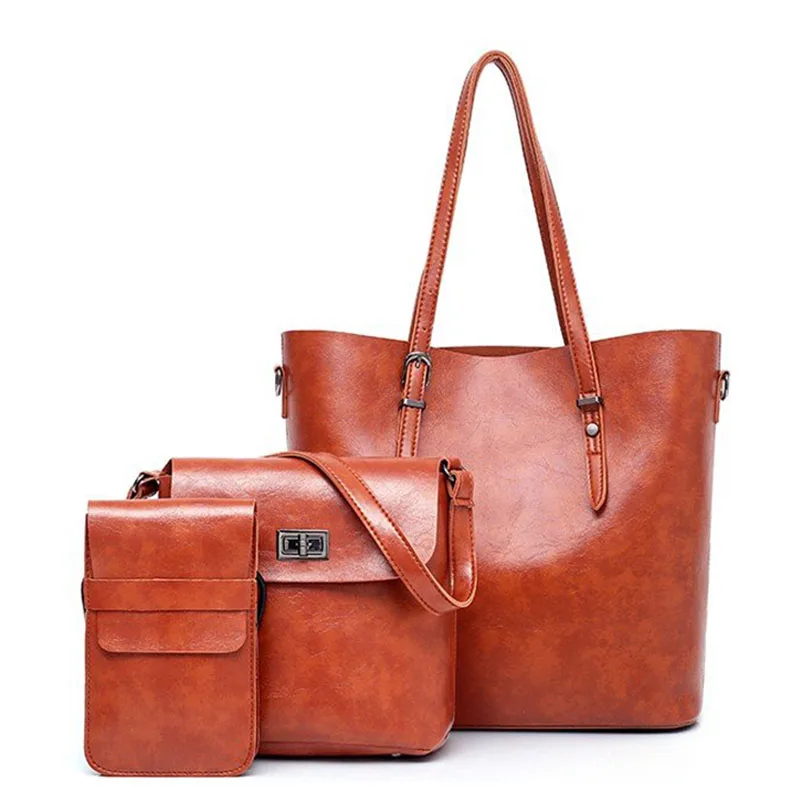 Crossbody Bags for Women Bag Shoulder Leather 3 Pieces Set Solid Soft Handbag Tote Bag Bolsa - Цвет: Brown