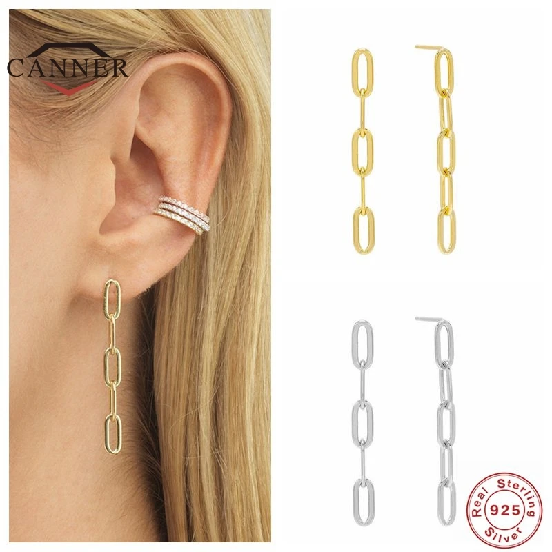 

CANNER 925 Sterling Silver Stud Earrings For Women New Fashion Paper Clip Chain earring Piercing Earings Jewelry Gift Pendientes