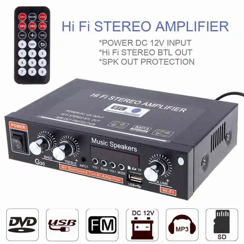 

Universal G30 Hifi Bluetooth Car Audio Power Amplifier FM Radio Player Support SD / USB / DVD / MP3 With Remote Controller EU
