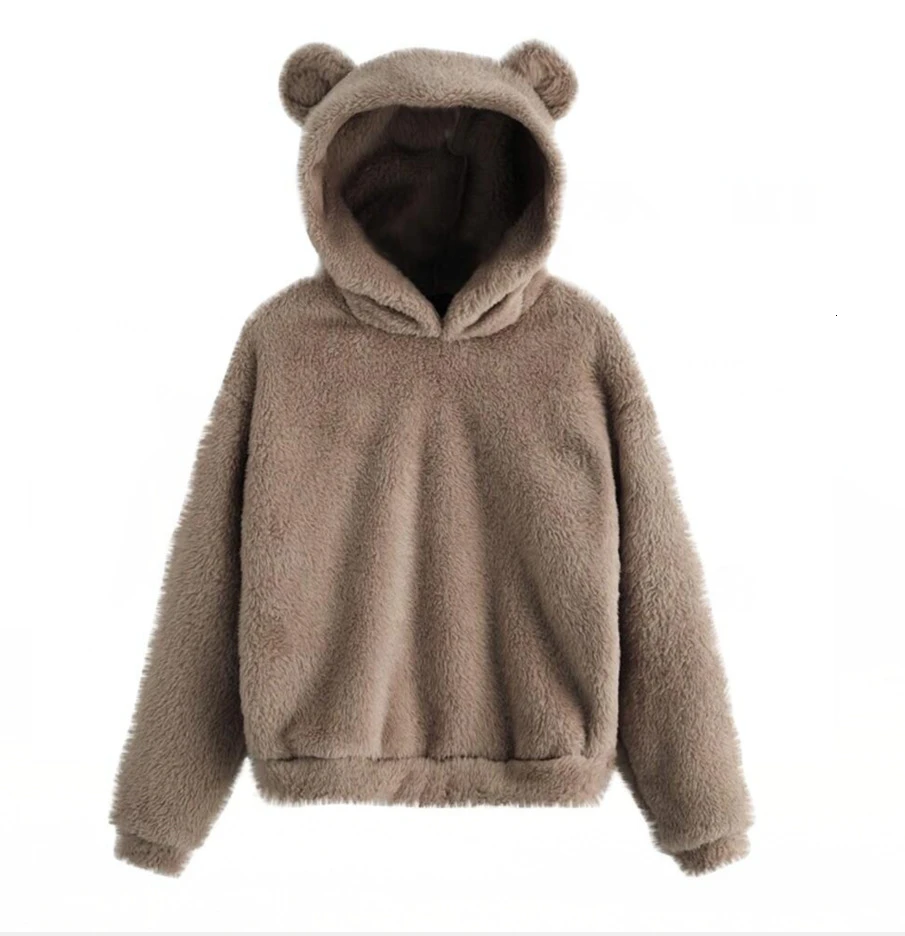  RICORIT Womens Pullover Bear Hoodie Female Lovely Teddy Solid Fluff Hoodie Sweatshirt Women Casual 