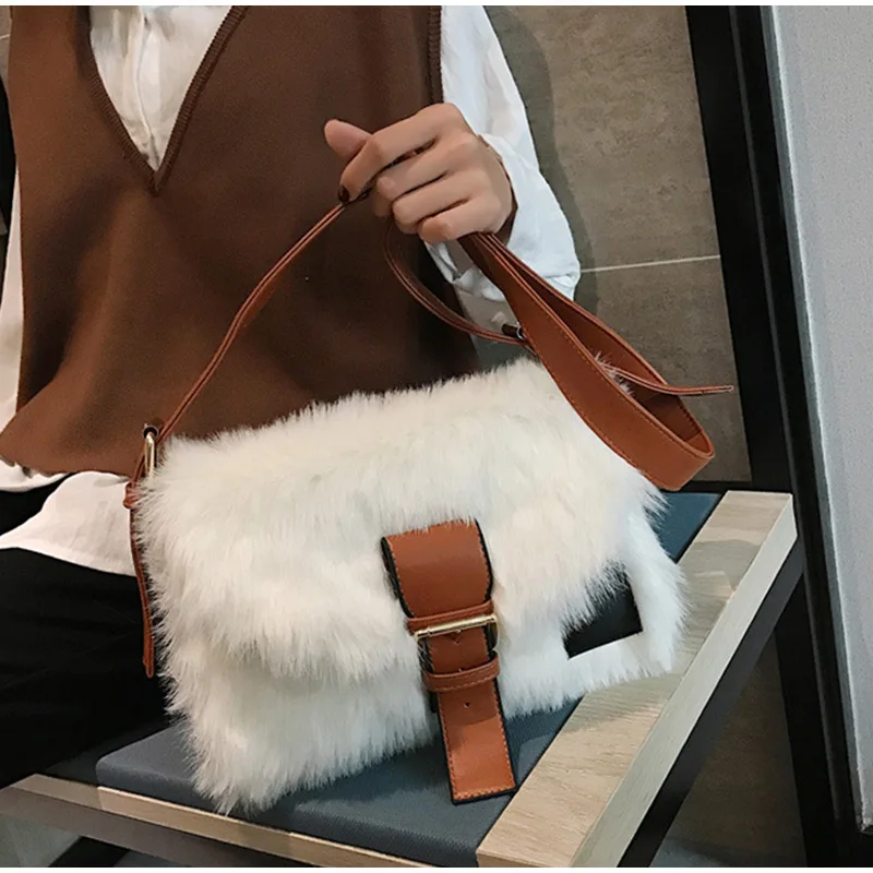 Зимние меховые женские сумки через плечо, модная дизайнерская большая сумка через плечо, Большая вместительная сумка-тоут с клапаном, Женская дикая мохнатая сумка-мессенджер
